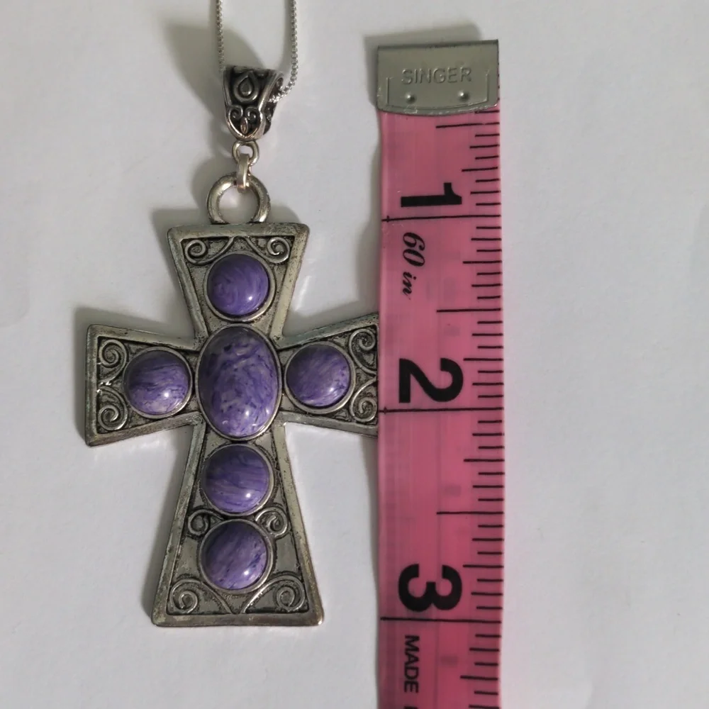 Purple Chariote  Sterling Silver Cross Pendant Necklace. New, Genuine Gems - Picture 7 of 10